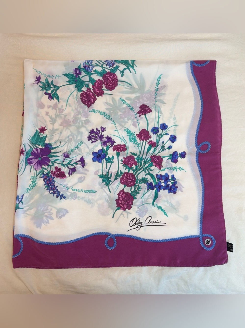 Oleg Cassini 100% Pure Silk White Scarf with Purple Floral Border